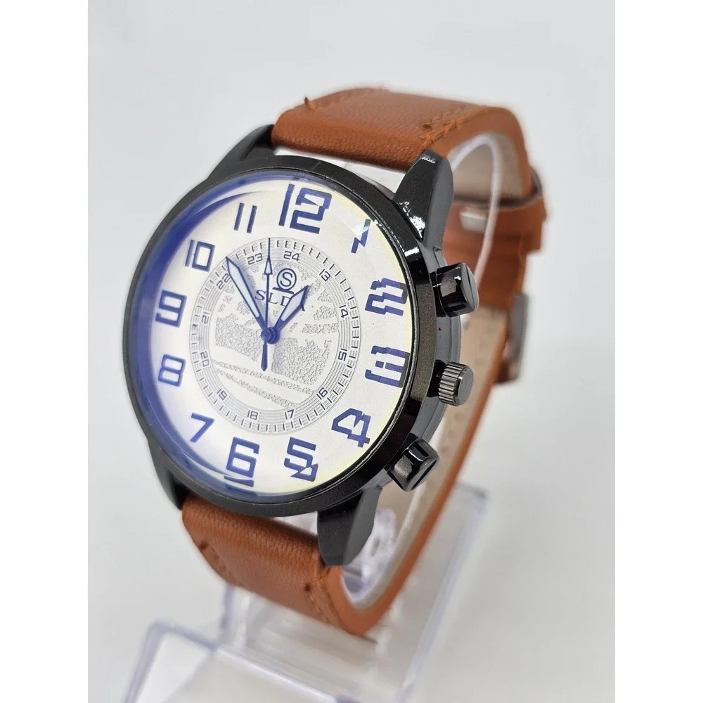 Men's Analog Watch 45MM Cream Dial Light Brown Faux Leather Bands New‎ Battery
